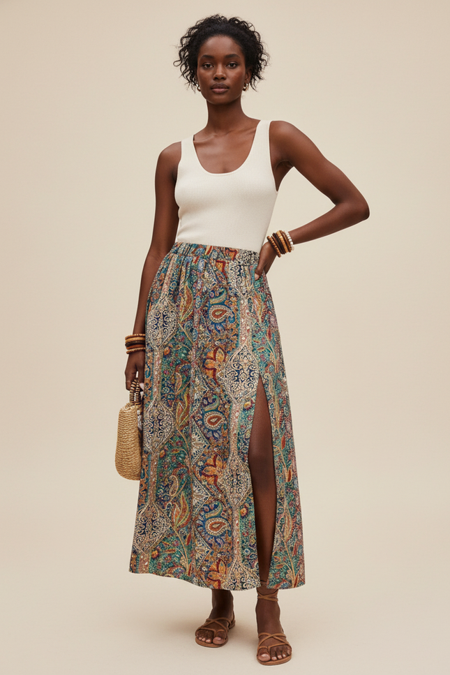 Jupe Midi Cachemire Fendue Bohème