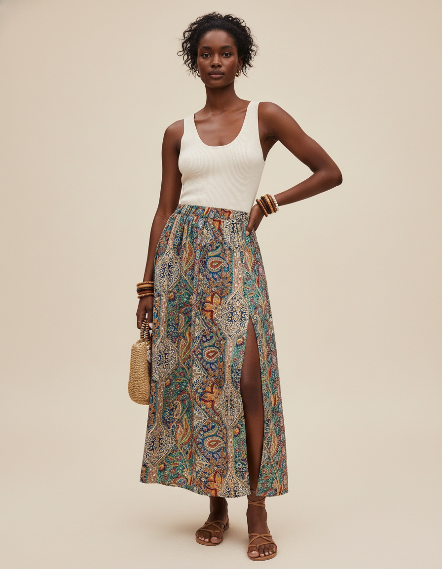 Jupe Midi Cachemire Fendue Bohème