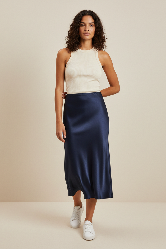 Jupe Midi Bleue Marine Satin Élégante