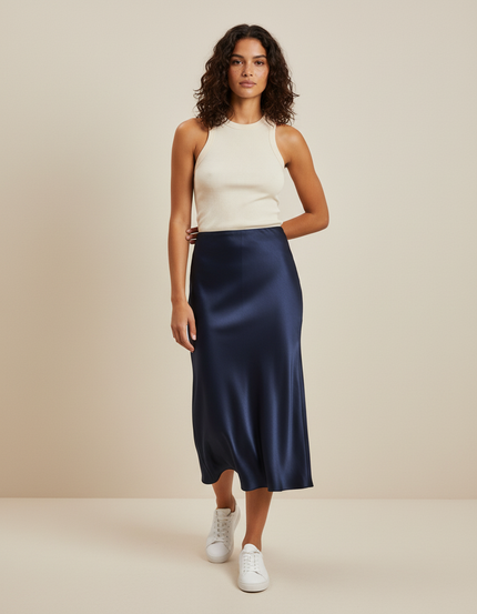 Jupe Midi Bleue Marine Satin Élégante