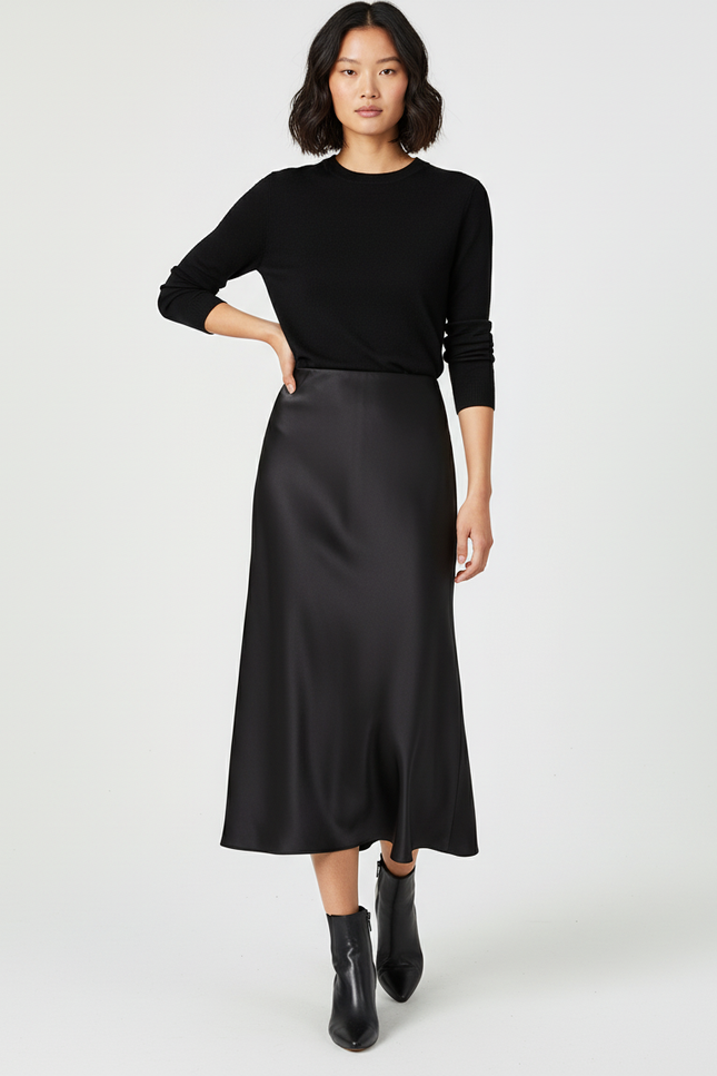 Jupe Satin Noire Midi