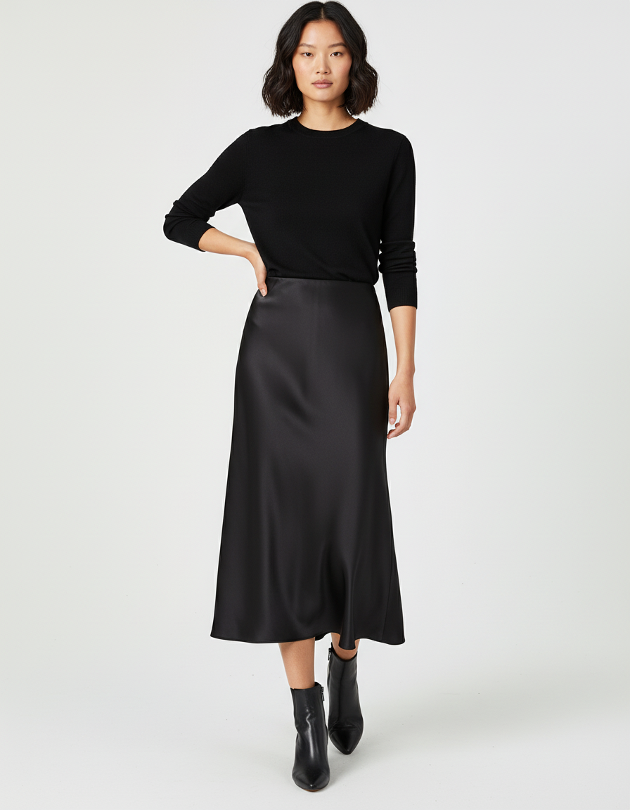 Jupe Satin Noire Midi