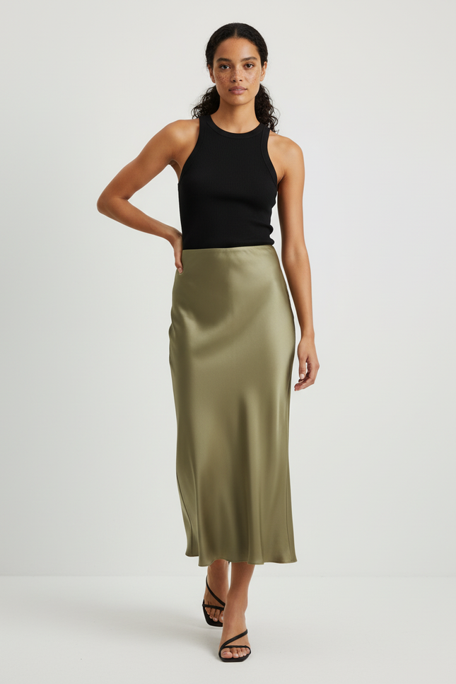 Jupe Midi Satinée Kaki Élégante