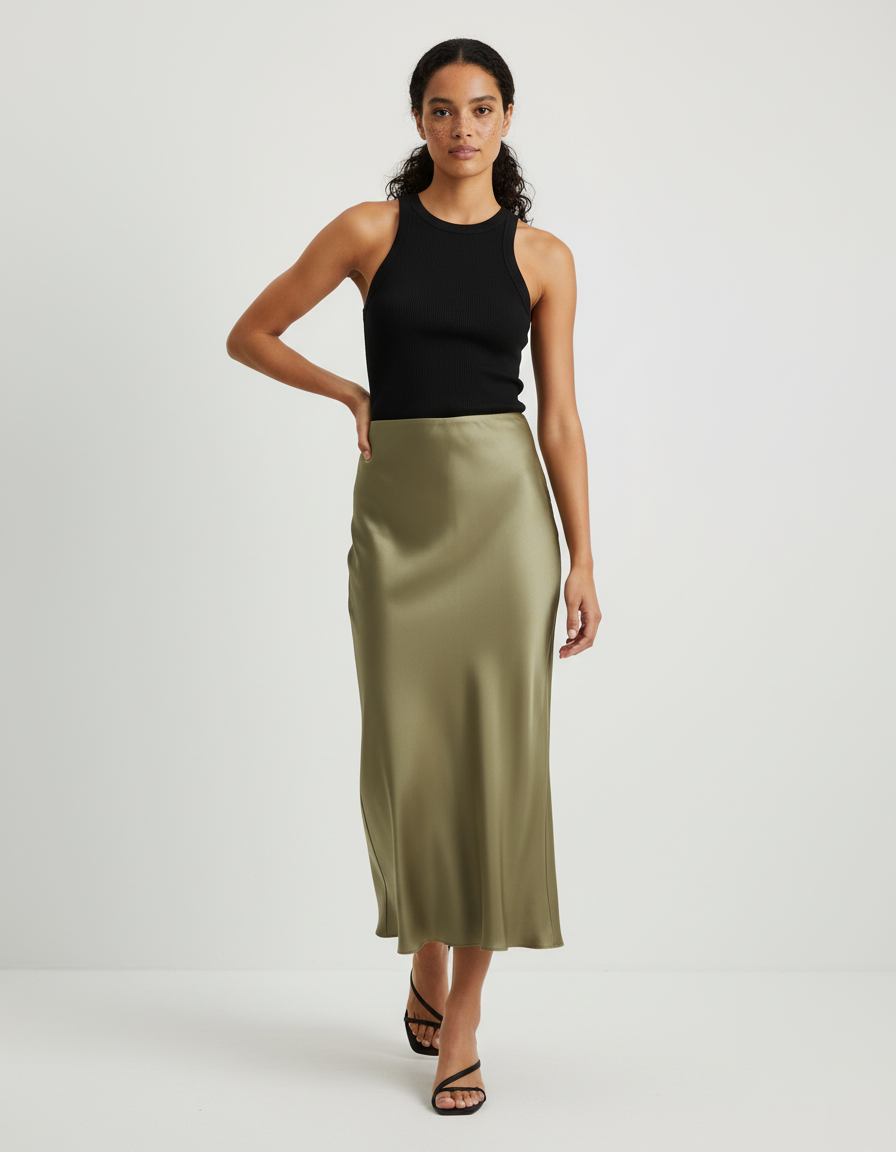 Jupe Midi Satinée Kaki Élégante