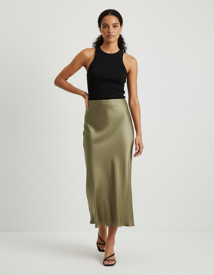 Jupe Midi Satinée Kaki Élégante