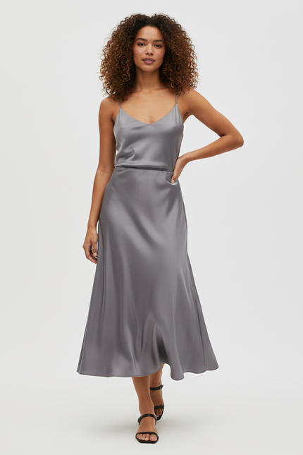 Jupe Midi Satinée Grise Élégante