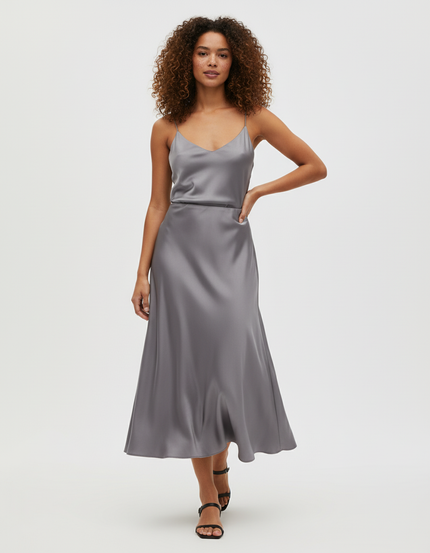 Jupe Midi Satinée Grise Élégante