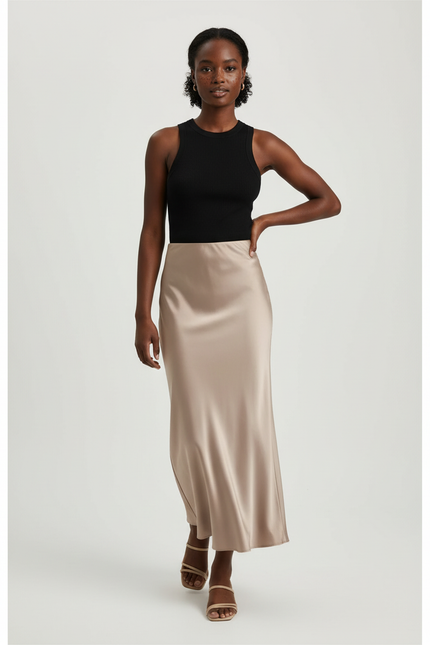 Jupe Midi Satin Beige Élégante