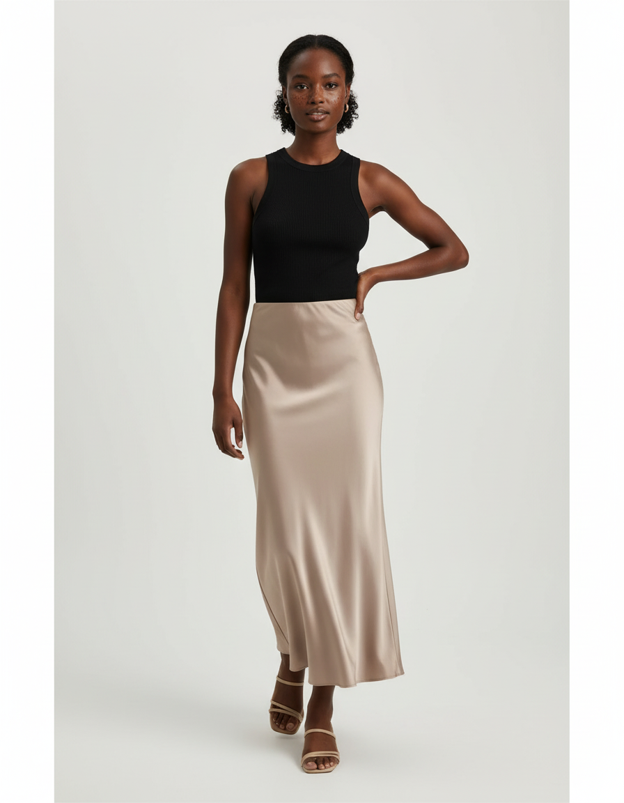 Jupe Midi Satin Beige Élégante