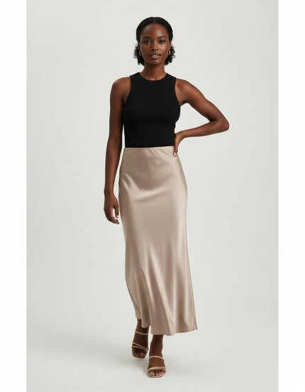 Jupe Midi Satin Beige Élégante