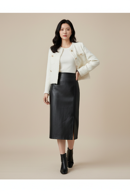 Jupe Midi Cuir Noir Fendue Chic