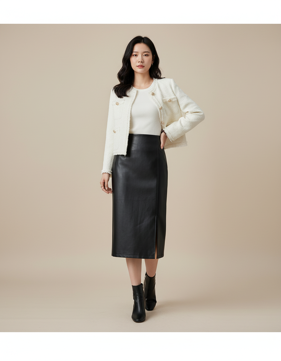 Jupe Midi Cuir Noir Fendue Chic