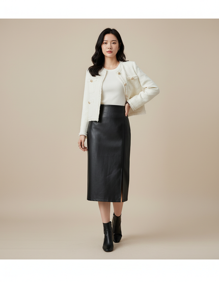 Jupe Midi Cuir Noir Fendue Chic