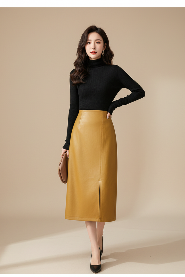 Jupe Midi Jaune Cuir Chic