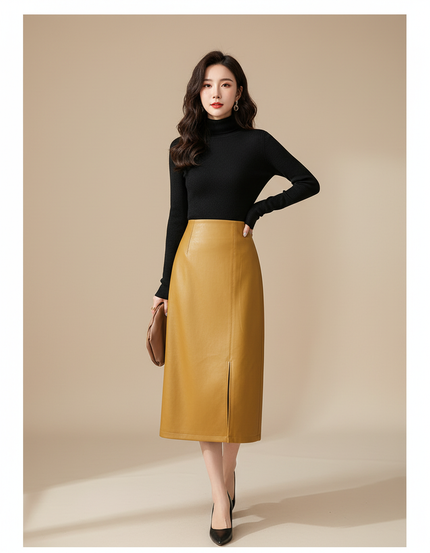 Jupe Midi Jaune Cuir Chic