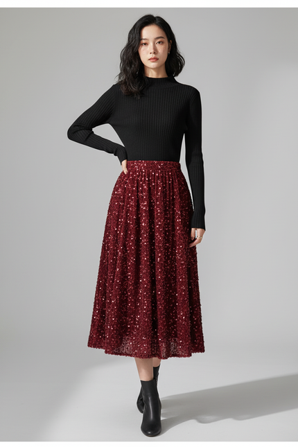 Jupe Midi Rouge Pailletée Élégante