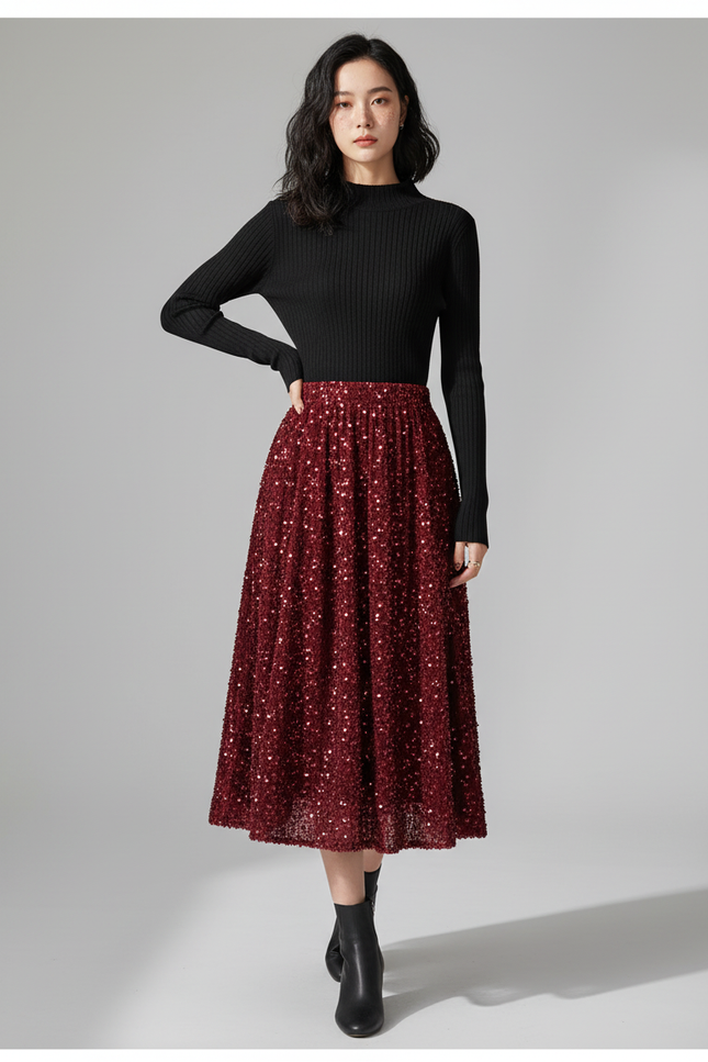 Jupe Midi Rouge Pailletée Élégante