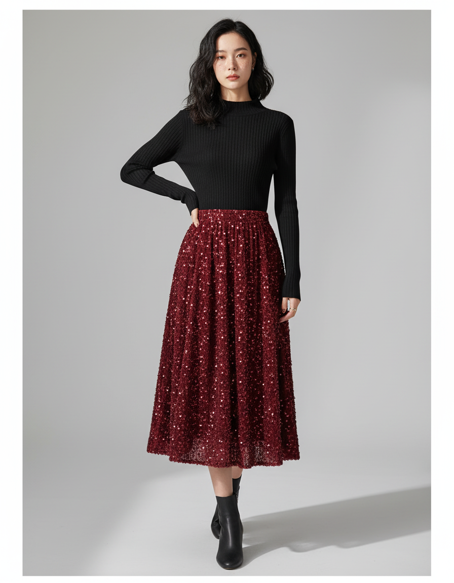 Jupe Midi Rouge Pailletée Élégante