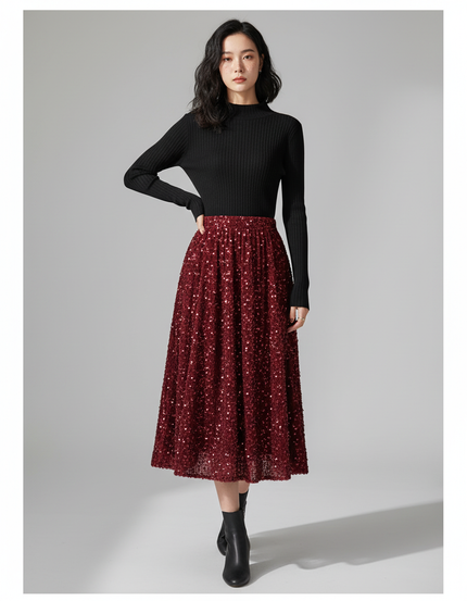 Jupe Midi Rouge Pailletée Élégante