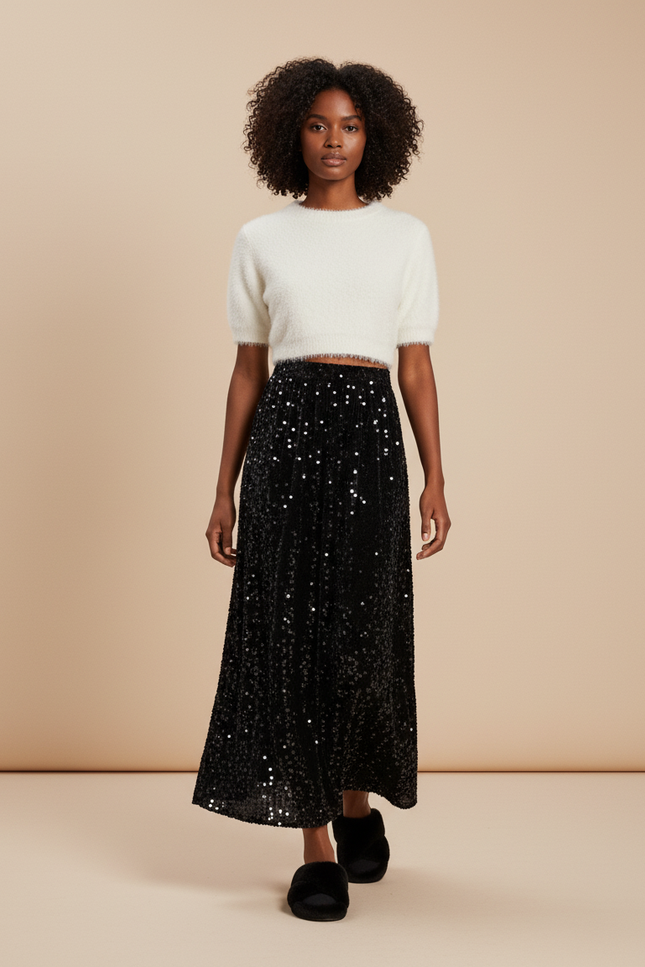 Jupe Midi Noire Paillettes Chic