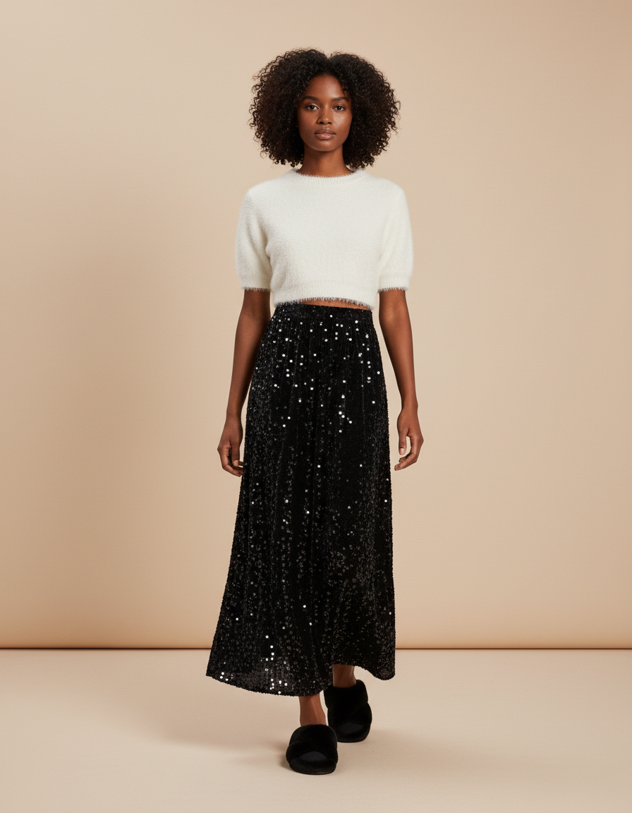 Jupe Midi Noire Paillettes Chic