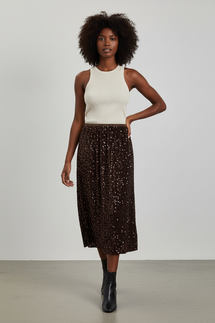 Jupe Midi Marron Pailletée Chic