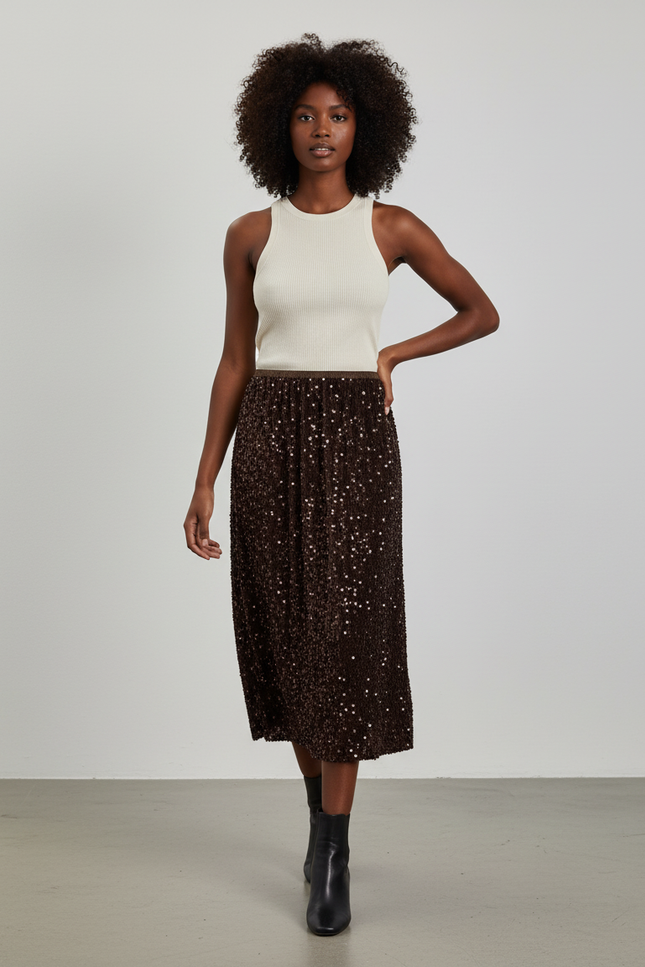 Jupe Midi Marron Pailletée Chic