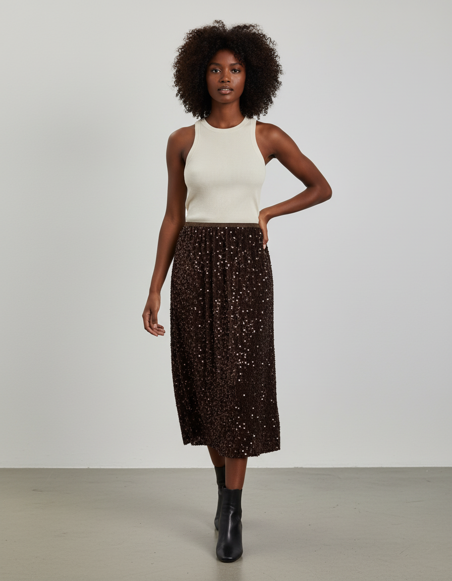 Jupe Midi Marron Pailletée Chic