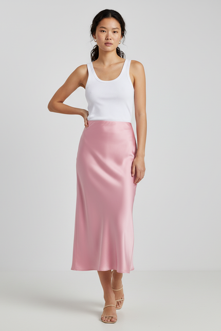 Jupe Midi Rose Satin Fluide