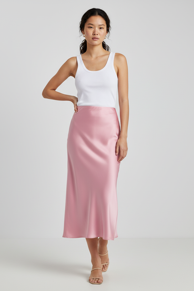Jupe Midi Rose Satin Fluide