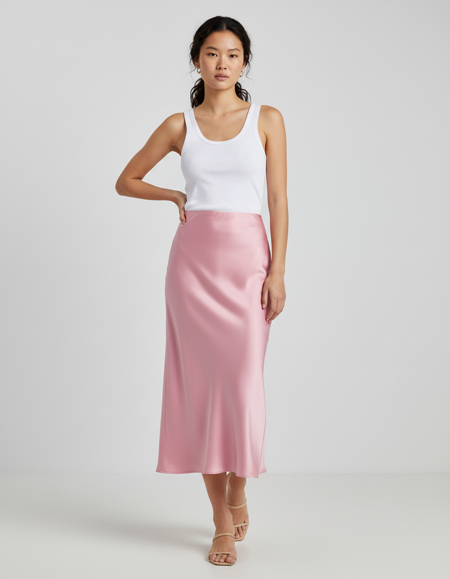 Jupe Midi Rose Satin Fluide