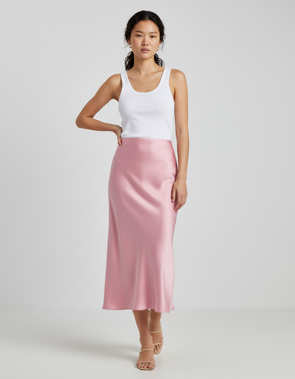 Jupe Midi Rose Satin Fluide