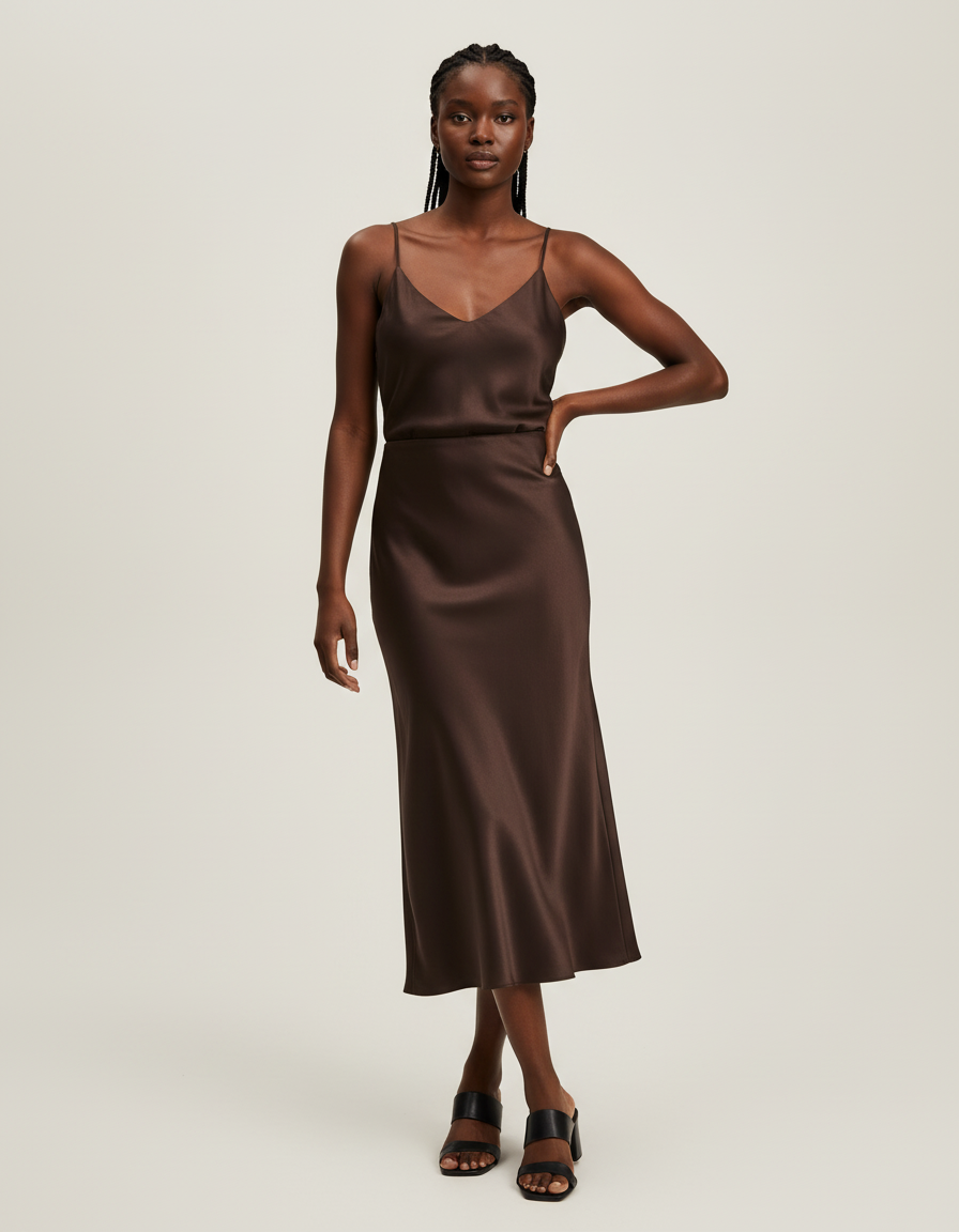 Jupe Midi Marron Satinée Élégante