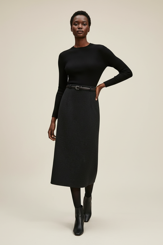 Jupe Midi Gris Anthracite Laine Élégante