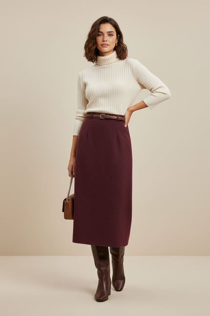 Jupe Midi Bordeaux Laine Élégante