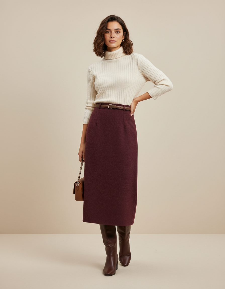 Jupe Midi Bordeaux Laine Élégante