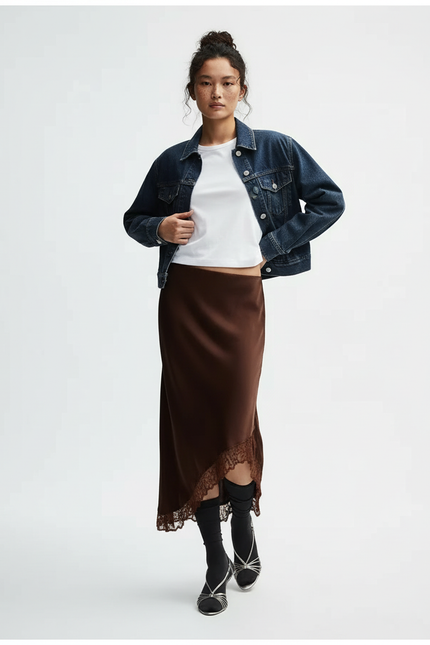 Jupe Midi Marron Dentelle Élégante