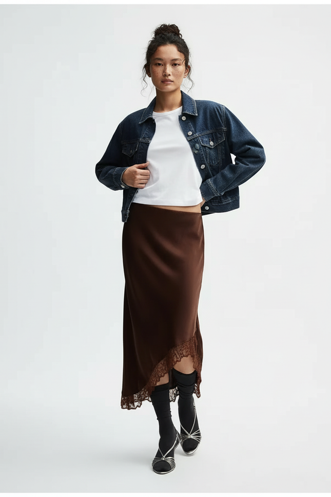 Jupe Midi Marron Dentelle Élégante