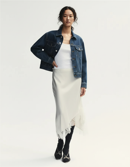 Jupe Midi Crème Satinée Dentelle Élégante