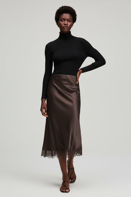 Jupe Midi Satinée Marron Dentelle Fluide