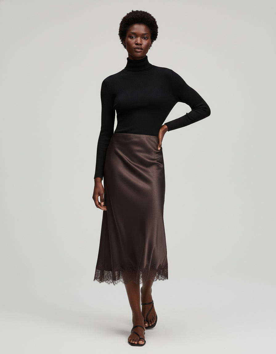 Jupe Midi Satinée Marron Dentelle Fluide