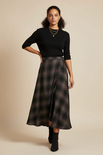 Jupe Midi Carreaux Portefeuille Plissée
