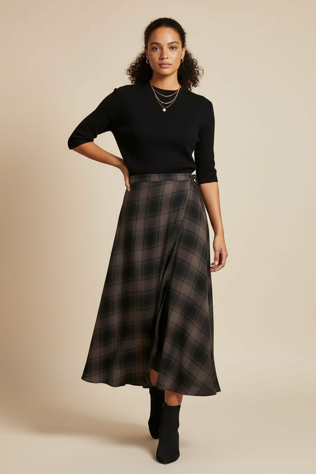 Jupe Midi Carreaux Portefeuille Plissée