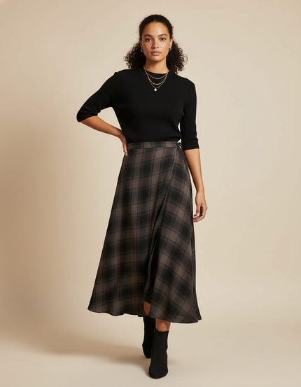 Jupe Midi Carreaux Portefeuille Plissée