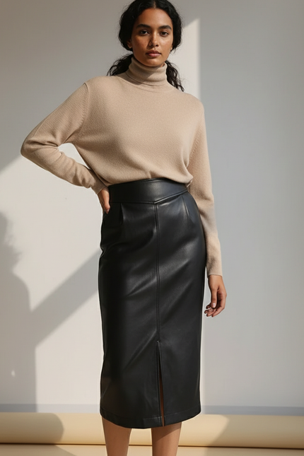Jupe Midi Simili Cuir Noire Fendue Chic élégante