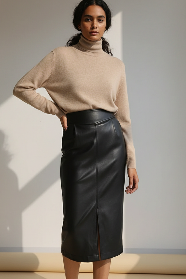 Jupe Midi Simili Cuir Noire Fendue Chic élégante