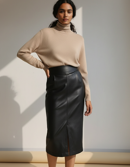Jupe Midi Simili Cuir Noire Fendue Chic élégante