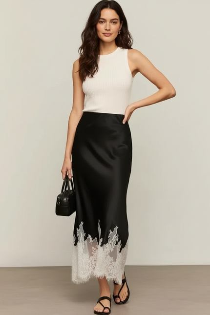 Jupe Midi Noire Dentelle Élégante