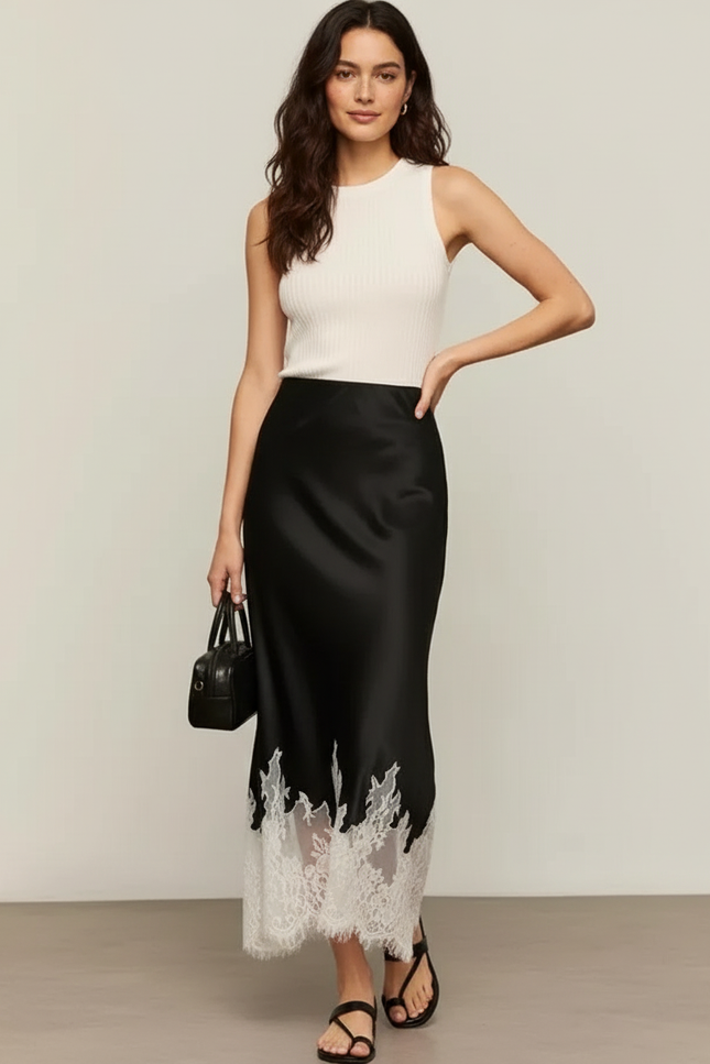Jupe Midi Noire Dentelle Élégante