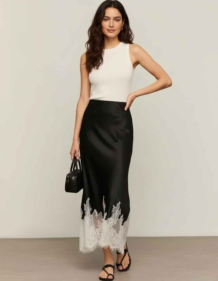 Jupe Midi Noire Dentelle Élégante